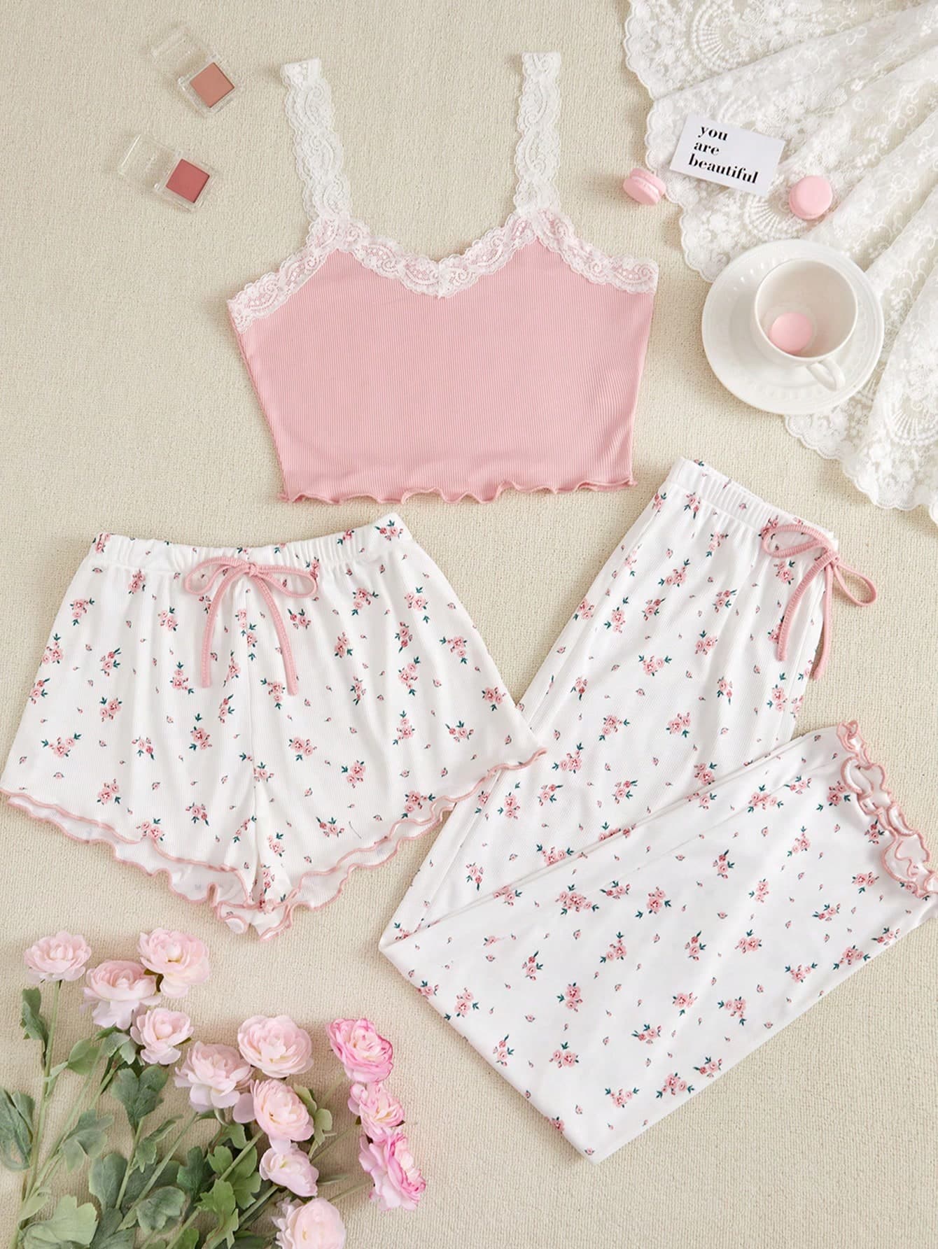 Women's Lace Trim Cami Top And Floral Print Shorts & Long Pants Pajama Set - Image 1