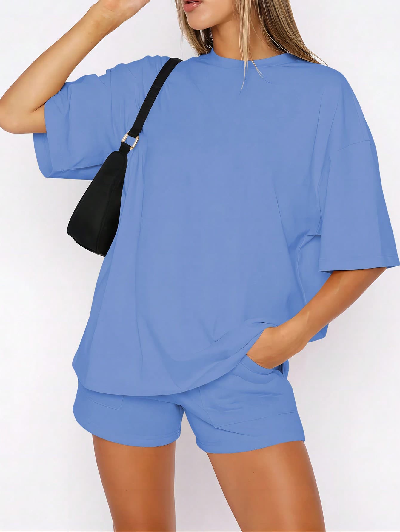 SHEIN EZwear Women Solid Color Drop Shoulder Sleeve Spring/Summer T-Shirt And Shorts 2-Piece Set - Image 1