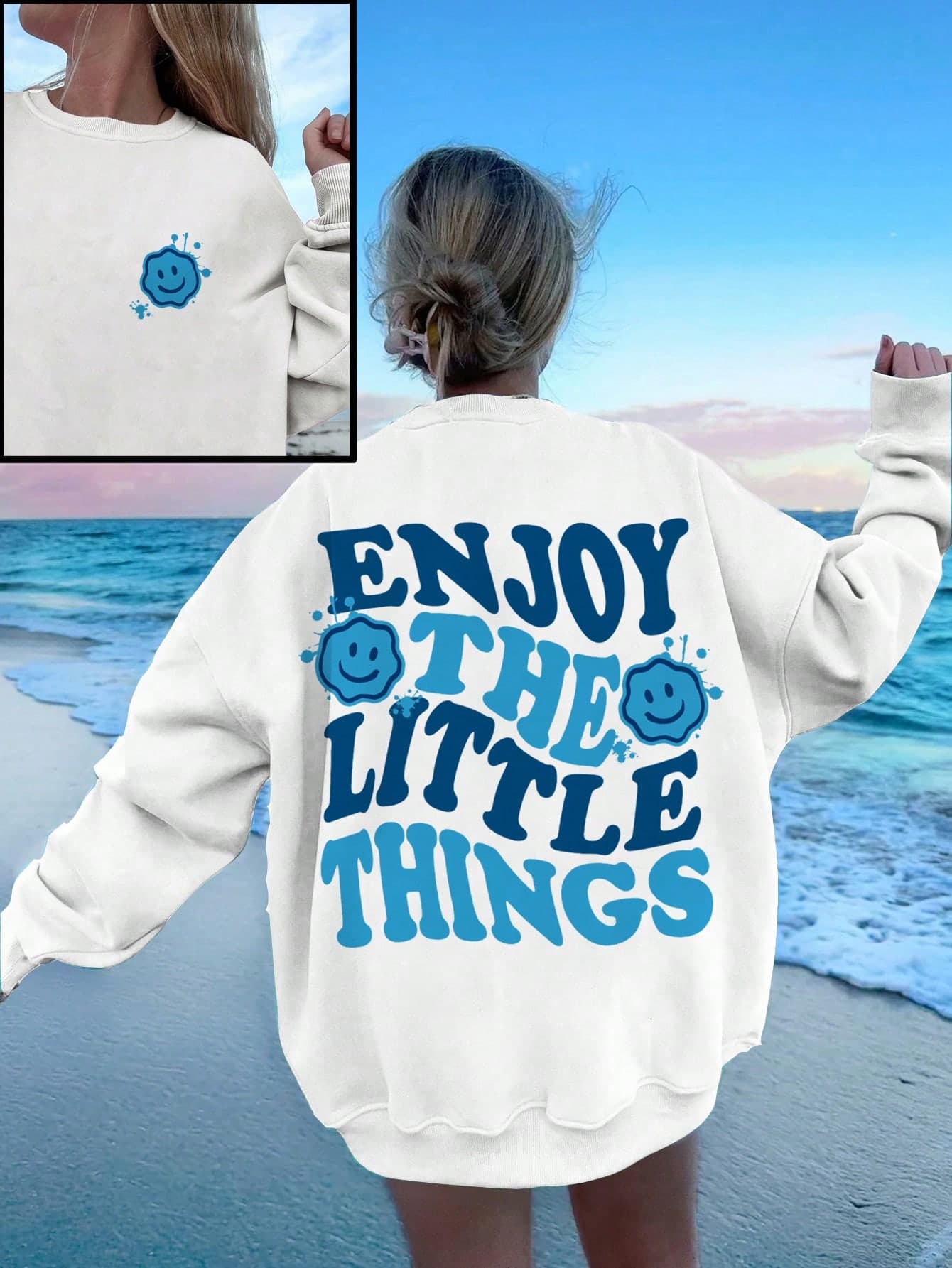 SHEIN EZwear Casual Simple Smile Face Slogan English Letter Print Oversized Crew Neck Long Sleeve Women's Sweatshirt, Suitable For Beach, Fall/Winter Season - Image 1