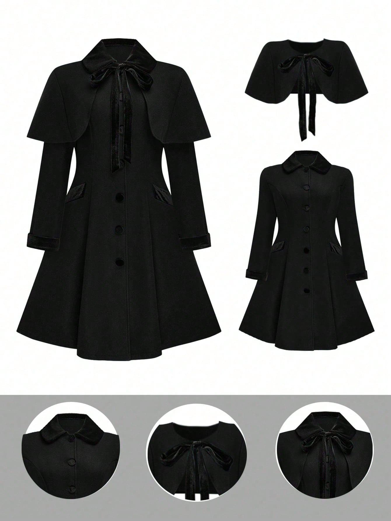 SHEIN Privé Plus Size Women Autumn/Winter Solid Color Front Tie Splice Cape Design Long Sleeve Elegant Coat - Image 1