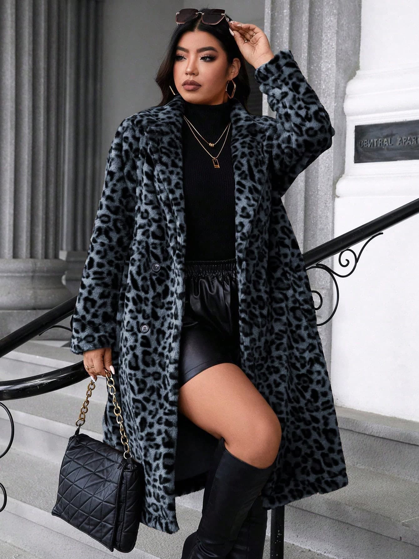 SHEIN Privé Plus Size Fashionable Leopard Print Fluffy Jacket, Autumn/Winter - Image 1