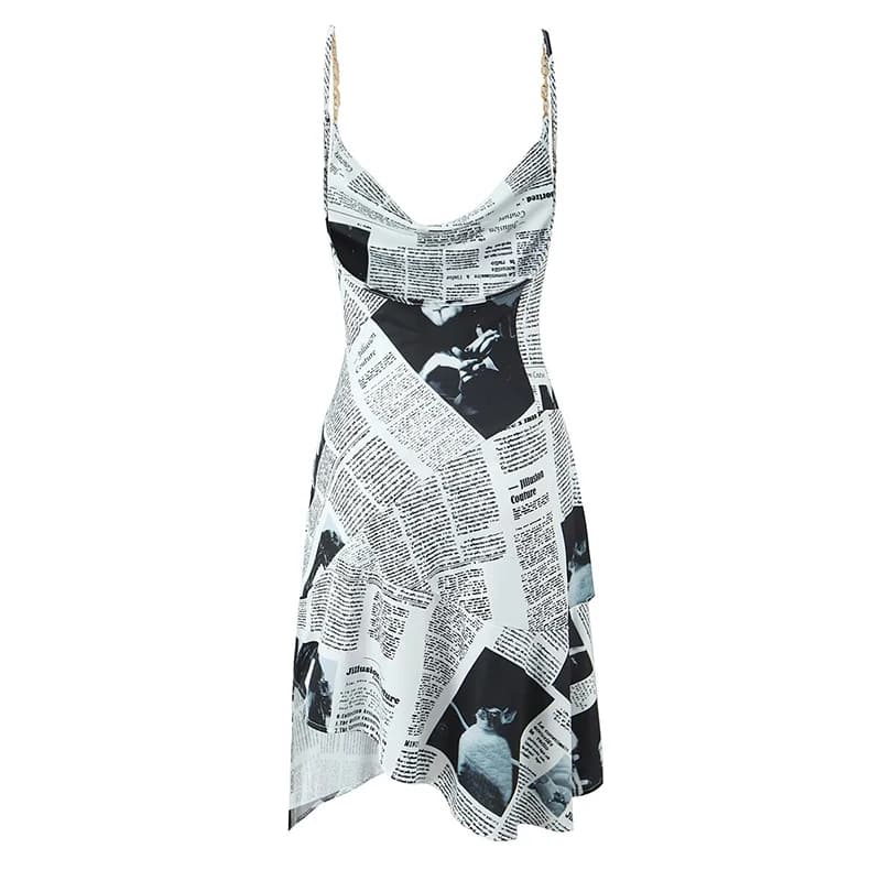 YENKYE New Women Newspaper Letter Print Irregular Hem Sling Dresses Fashion Backless Thin Straps With Chain Summer Sexy Dress - AliExpress  thumbnail 2