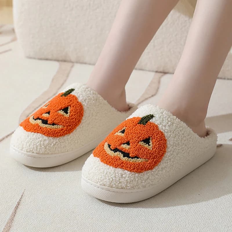 Halloween Cartoon Pumpkin Home Slippers for Women Comfortable Winter Soft Plush Warm Slippers Woman Indoor Non Slip Cotton Shoes - AliExpress  thumbnail 2