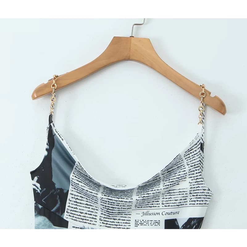 YENKYE New Women Newspaper Letter Print Irregular Hem Sling Dresses Fashion Backless Thin Straps With Chain Summer Sexy Dress - AliExpress  thumbnail 3
