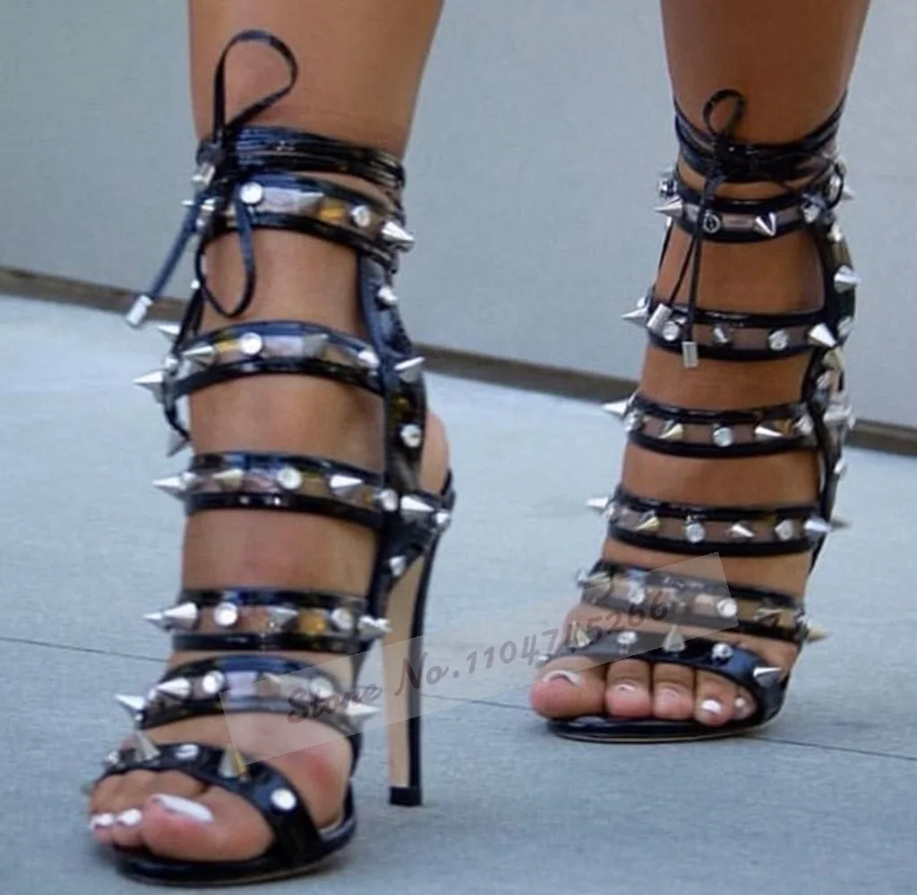 Black Leather Clear Pvc Straps Rivets Sandals Glitter Crystal Decorated Patchwork Lace-Up Dress Shoes Women Strappy Caged Pumps - AliExpress 322 thumbnail 4