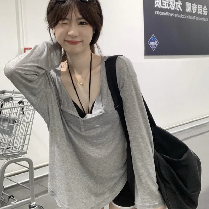 T Shirts Women Slash Neck Long Sleeve Tops Solid Stretch Women's Summer Sexy Club Tshirt Korean Loose Tees Streetwear Clothes - AliExpress  thumbnail 4