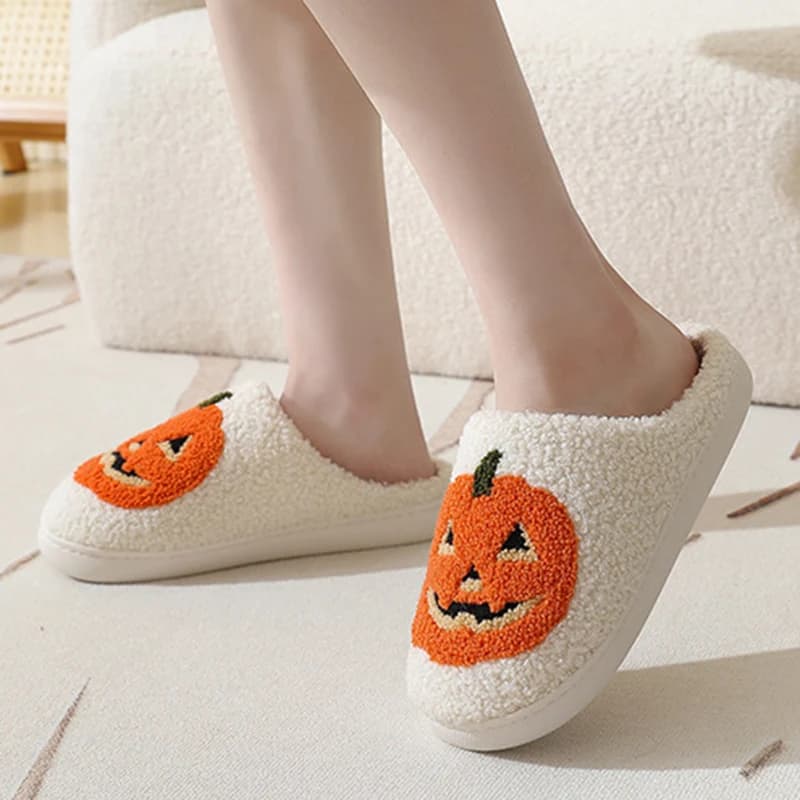 Halloween Cartoon Pumpkin Home Slippers for Women Comfortable Winter Soft Plush Warm Slippers Woman Indoor Non Slip Cotton Shoes - AliExpress  thumbnail 3