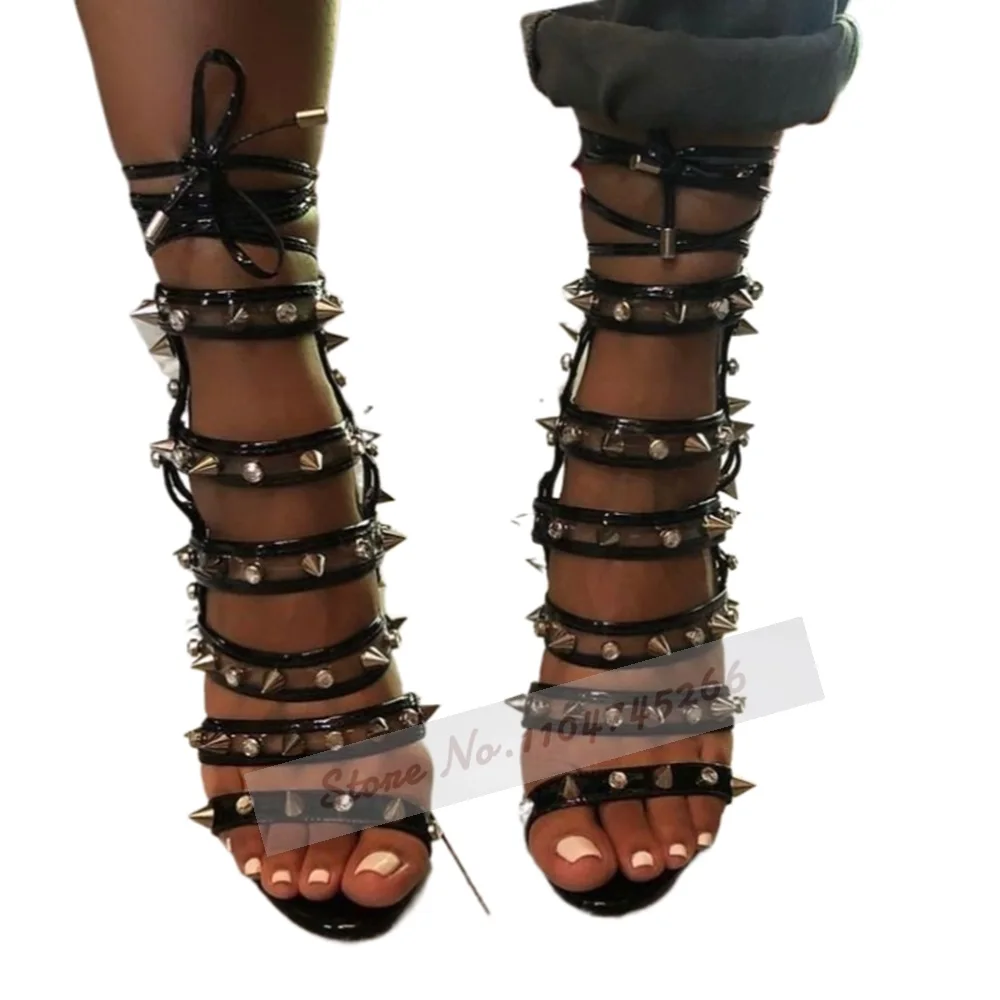 Black Leather Clear Pvc Straps Rivets Sandals Glitter Crystal Decorated Patchwork Lace-Up Dress Shoes Women Strappy Caged Pumps - AliExpress 322 thumbnail 3