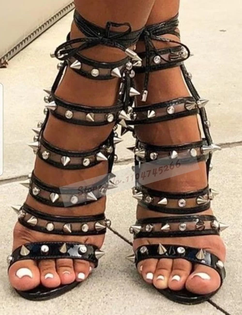 Black Leather Clear Pvc Straps Rivets Sandals Glitter Crystal Decorated Patchwork Lace-Up Dress Shoes Women Strappy Caged Pumps - AliExpress 322 thumbnail 2