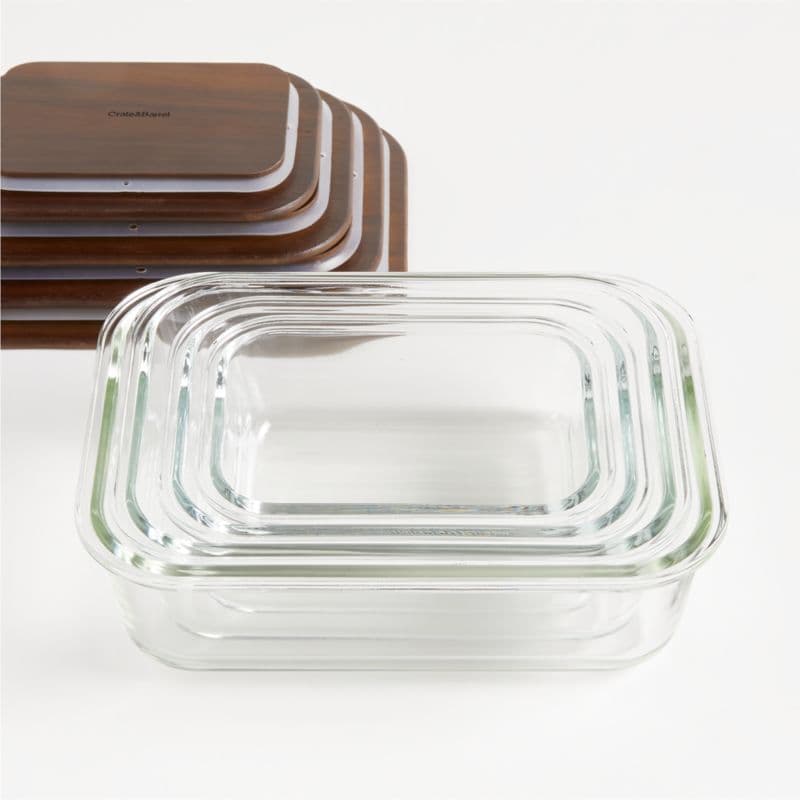 8-Piece Rectangular Glass Food Storage Container Set with FSC-Certified Dark Acacia Wood Lids thumbnail 2