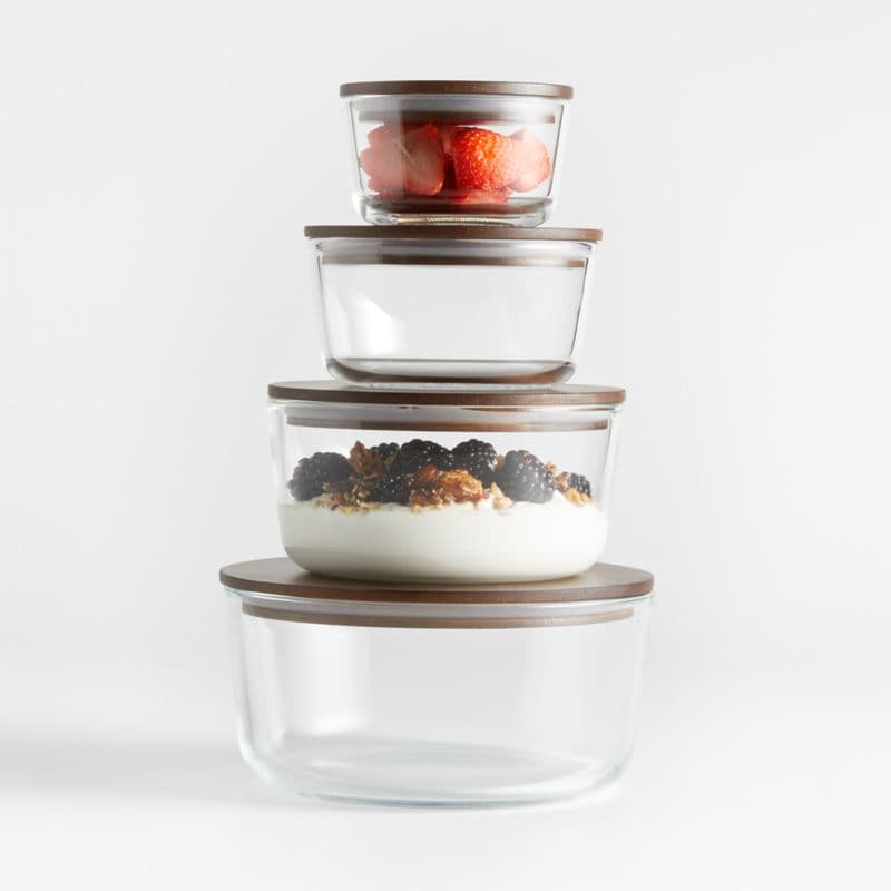 8-Piece Round Glass Food Storage Container Set with FSC-Certified Dark Acacia Wood Lids - Image 1