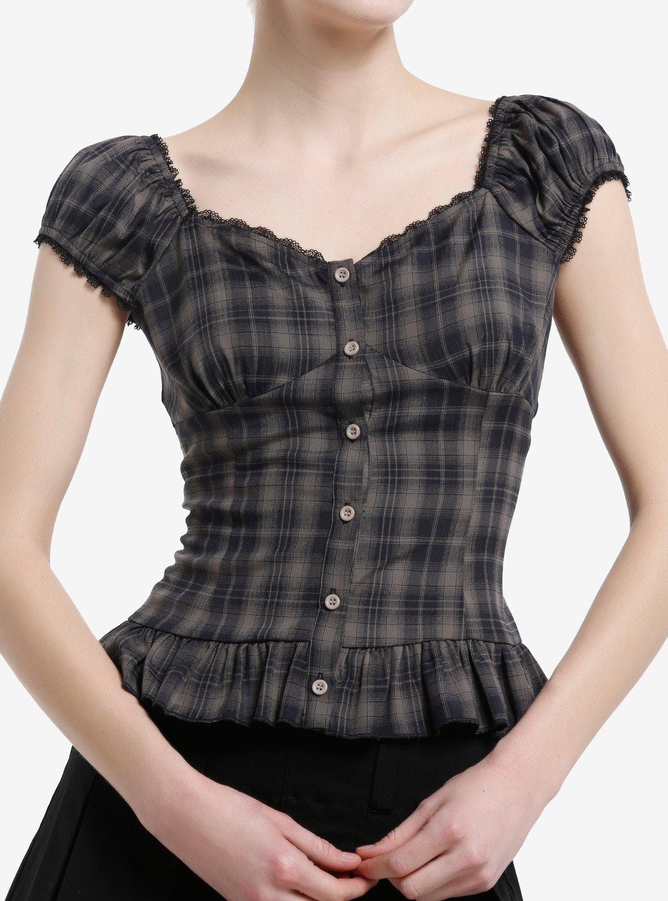 Dark Grey Plaid Ruffle Girls Top - Image 1