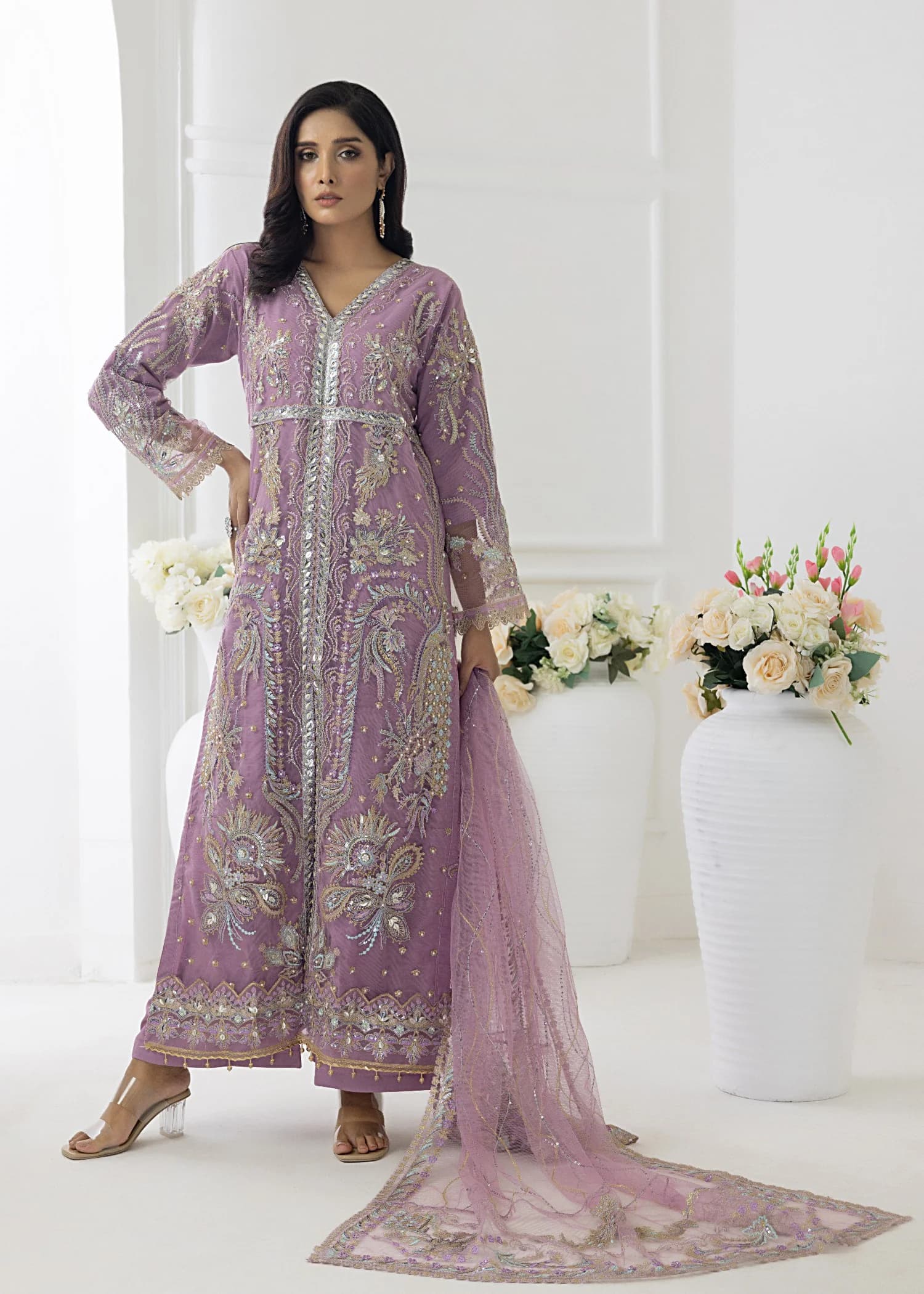 net Kurta Set in Lilac by Polawn - TBY6610 | Laam.pk - Image 1