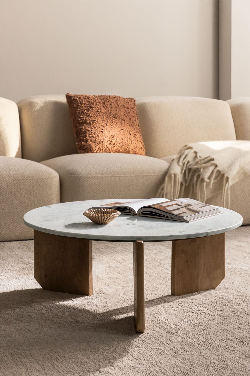 Table basse ronde Lavinia en pierre naturelle et bois de manguier - Image 1