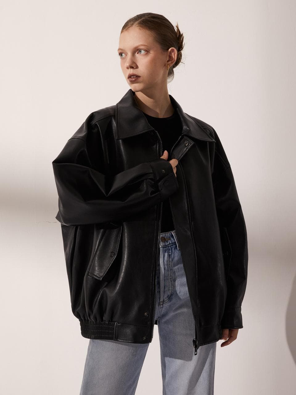 Vegan Leather Overfit Jacket - Black - Image 1