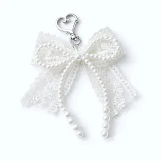 Lace Bow Faux Pearl Bag Charm Keyring - Image 1