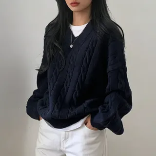 V-Neck Cable Knit Sweater - Image 1