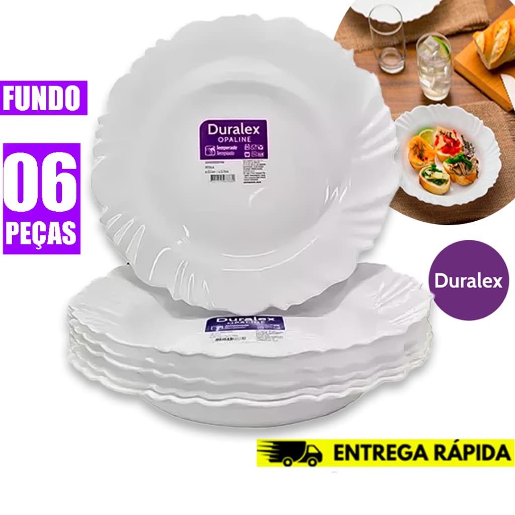Kit 6 Pratos Fundo Duralex Vidro Opaline Pétala Branco Circular 23.5CM Temperado- Resistente a risco - Image 1