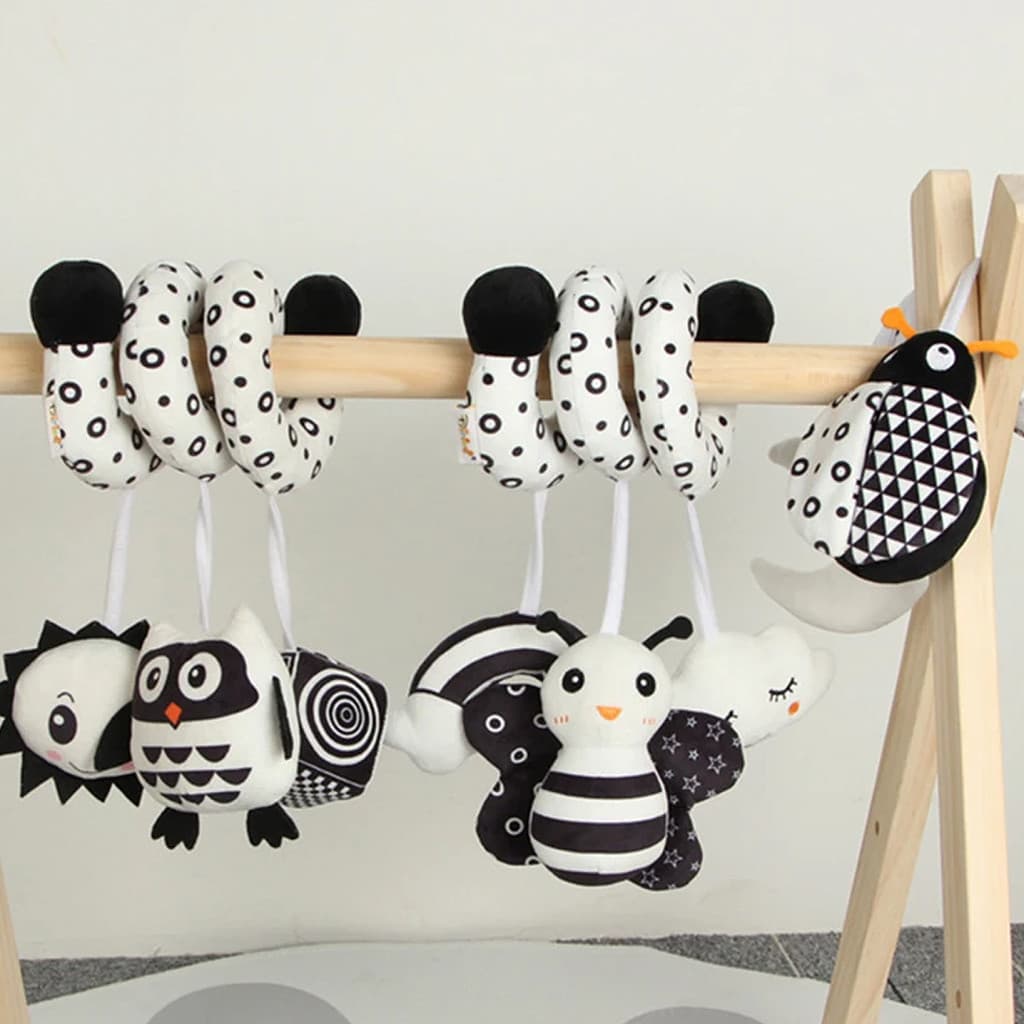 Pingente De Carrinho De Chocalho Espiral Pendurado Preto E Branco, Brinquedo Para Cama De Bebê, Educação Infantil Interativa, Presentes Recém-nascidos, 0-2 Anos, Novo - Image 1