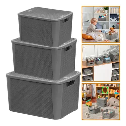 Kit 3 Caixas Organizadoras Tampa Rattan Retangular Cinza     Cinza - Image 1