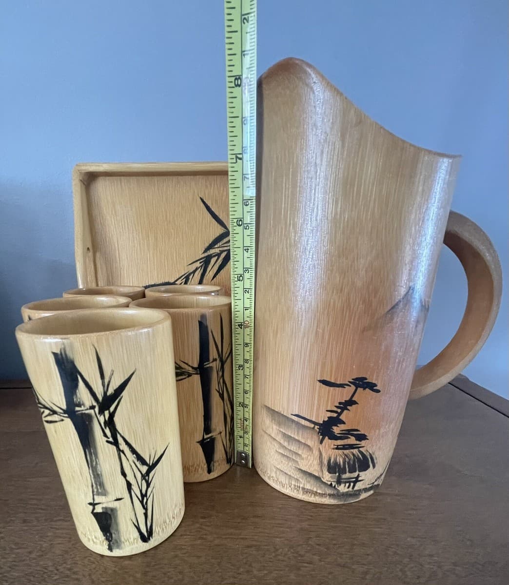 Vintage Retro MCM Bamboo Bar Set. Pitcher, Tray And 5 Cups Hand Painted. Japan thumbnail 5