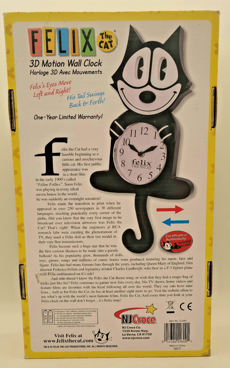 Felix The Cat 3D Motion Tail Wall Clock NJ Croce Co NEW w/ COA &amp; FREE SHIP thumbnail 2