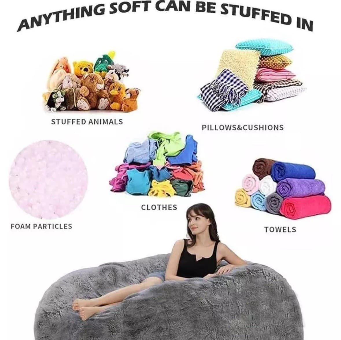 Gray Giant Faux Suede Bean Bag Chair Cover Comfy Soft Lounging Sofa Adults Kids thumbnail 2