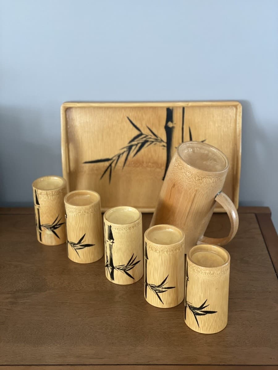 Vintage Retro MCM Bamboo Bar Set. Pitcher, Tray And 5 Cups Hand Painted. Japan thumbnail 2