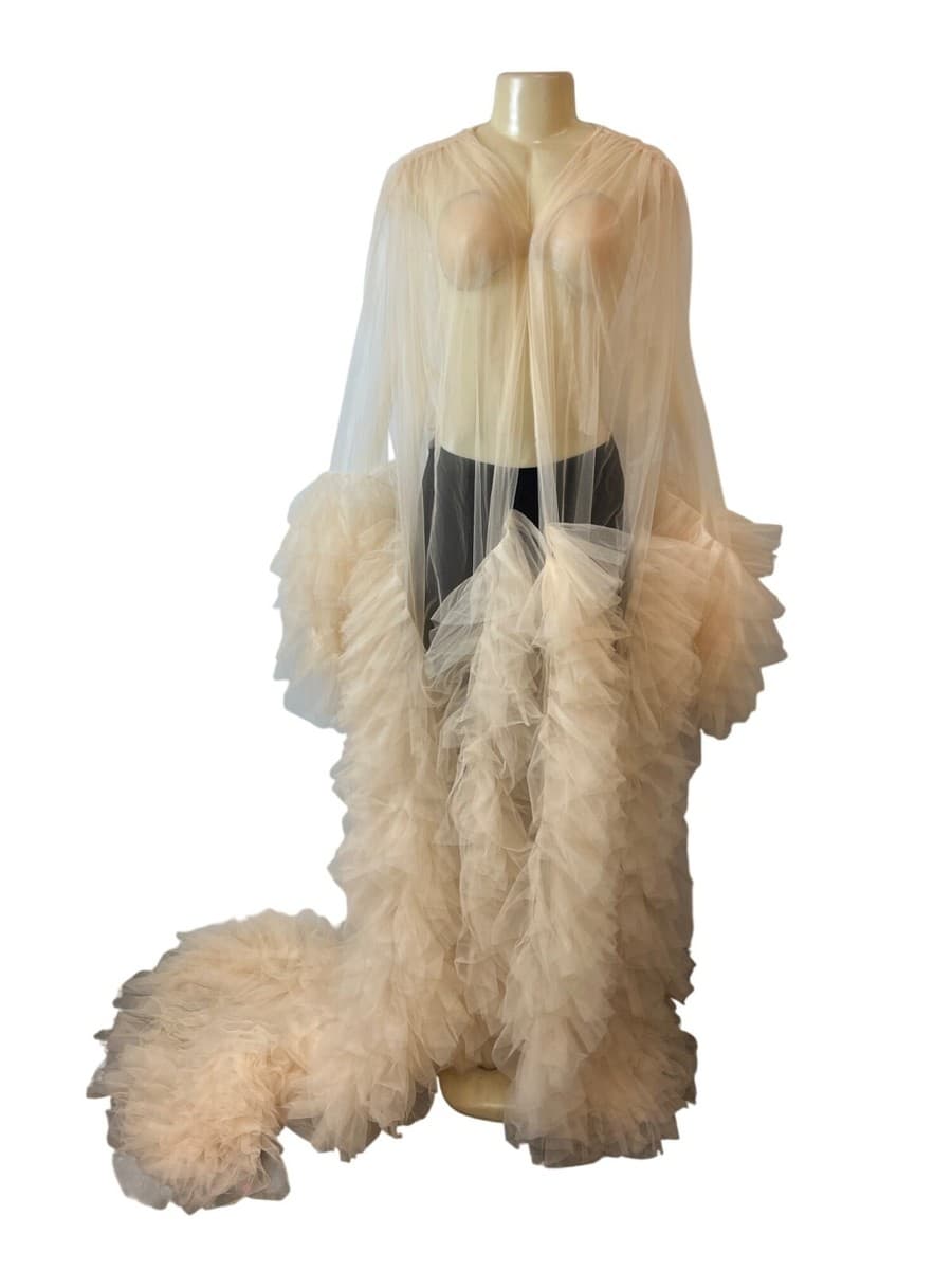 Sara Gariel Women Maternity Nude Ruffled Tulle Bridal Cape With Train One Size - Image 1