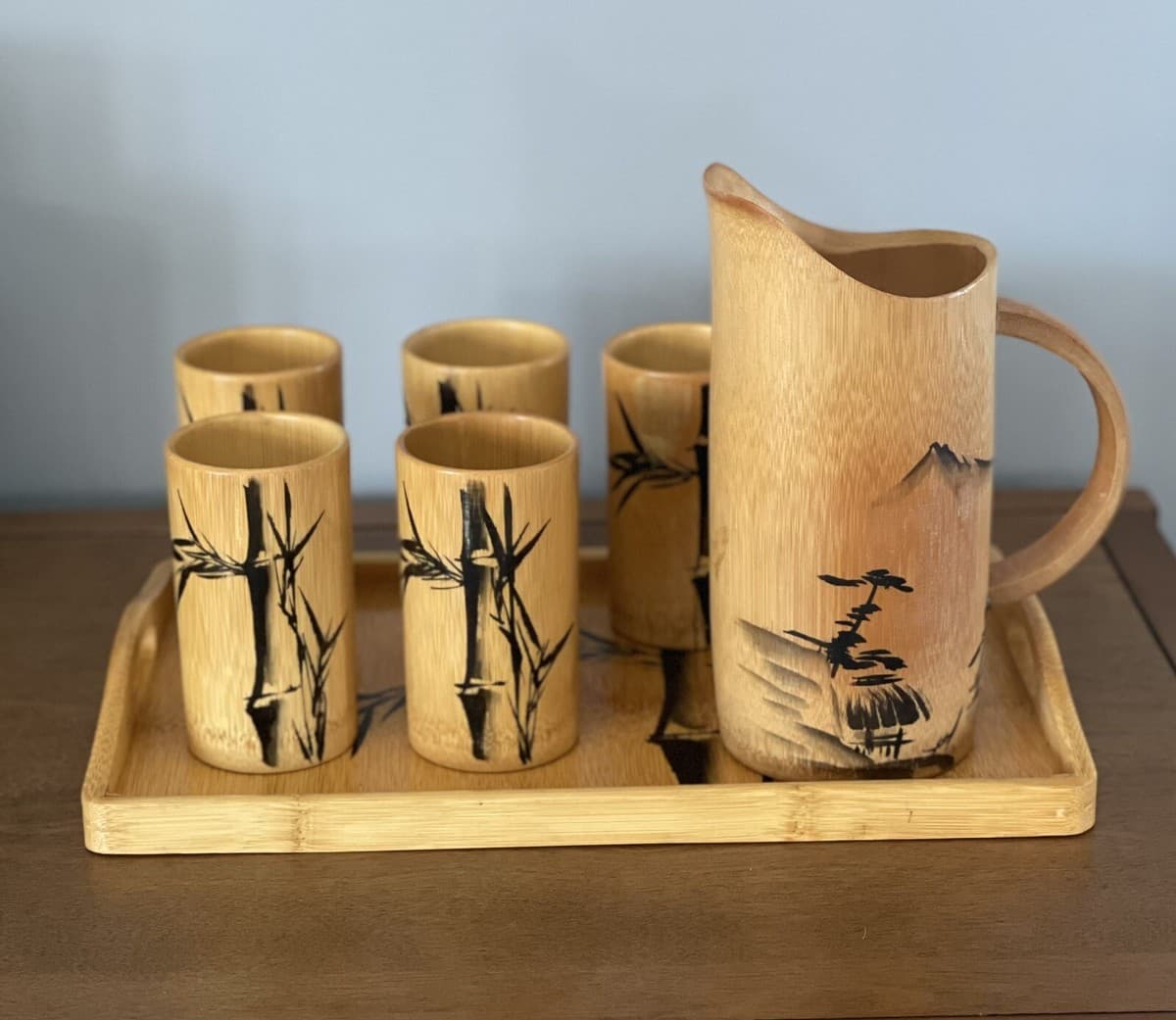 Vintage Retro MCM Bamboo Bar Set. Pitcher, Tray And 5 Cups Hand Painted. Japan thumbnail 3