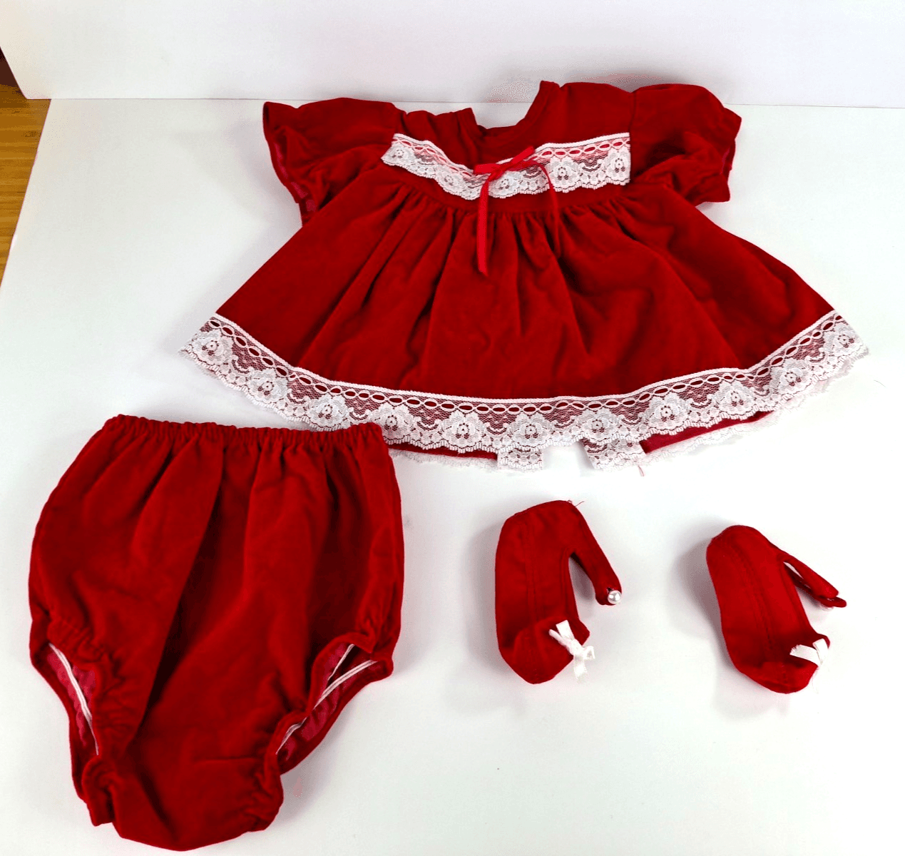 Vintage 1980s Baby Girl’s Red Velvet Lace Dress Set with Shoes 6-9 mos - Image 1