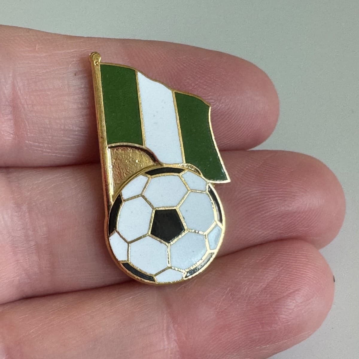 Vtg Nigeria Soccer Enamel Pin Green White Flag Football Ball Nigerian NOS - Image 1