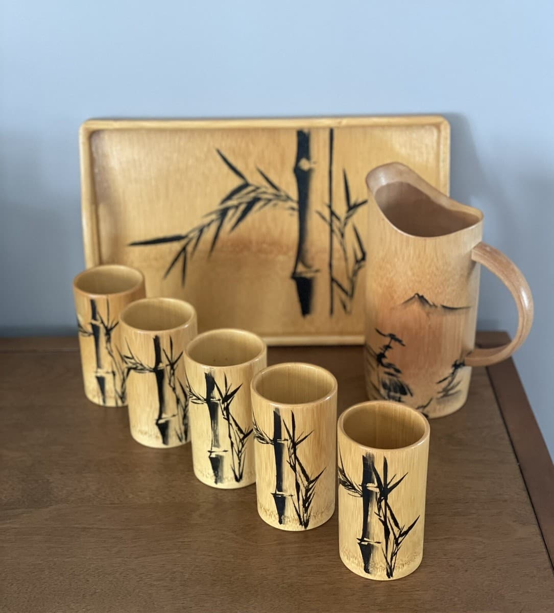 Vintage Retro MCM Bamboo Bar Set. Pitcher, Tray And 5 Cups Hand Painted. Japan - Image 1