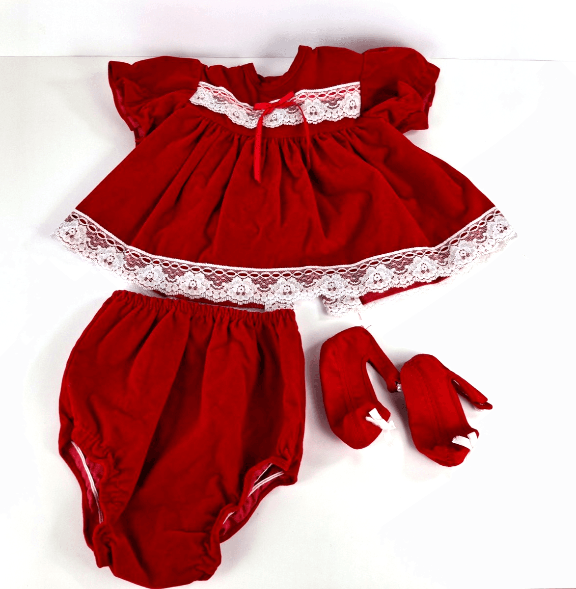 Vintage 1980s Baby Girl’s Red Velvet Lace Dress Set with Shoes 6-9 mos thumbnail 2
