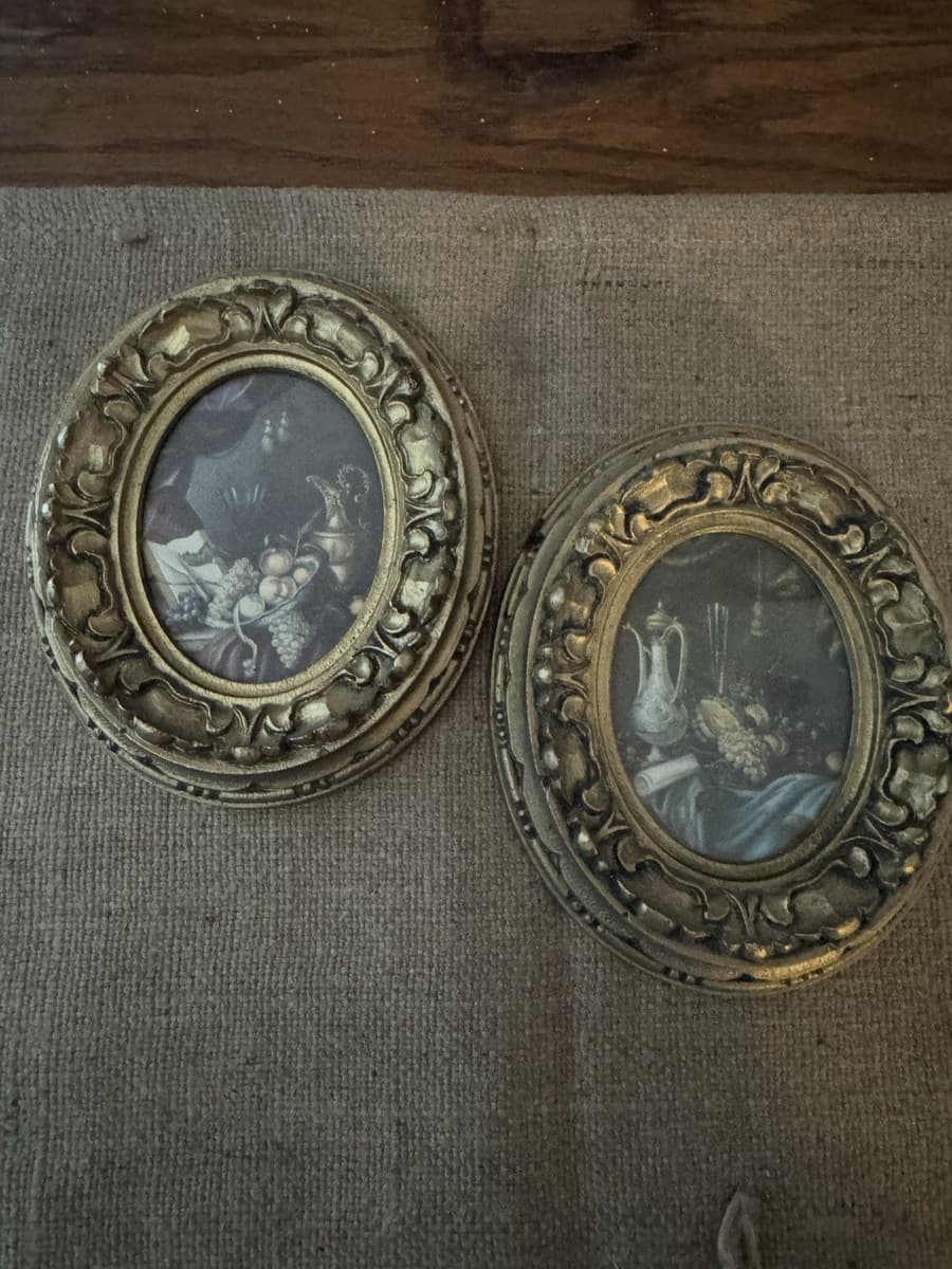Vintage Set/Pair Italian Ornate Gilt Oval Framed 5.75" Still Life Fruit Prints thumbnail 5