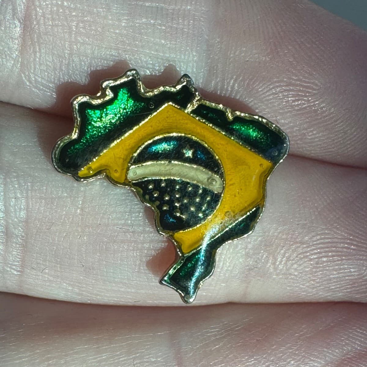 Vintage Brazil Flag Brasil Country Shaped Lapel Pin - Image 1