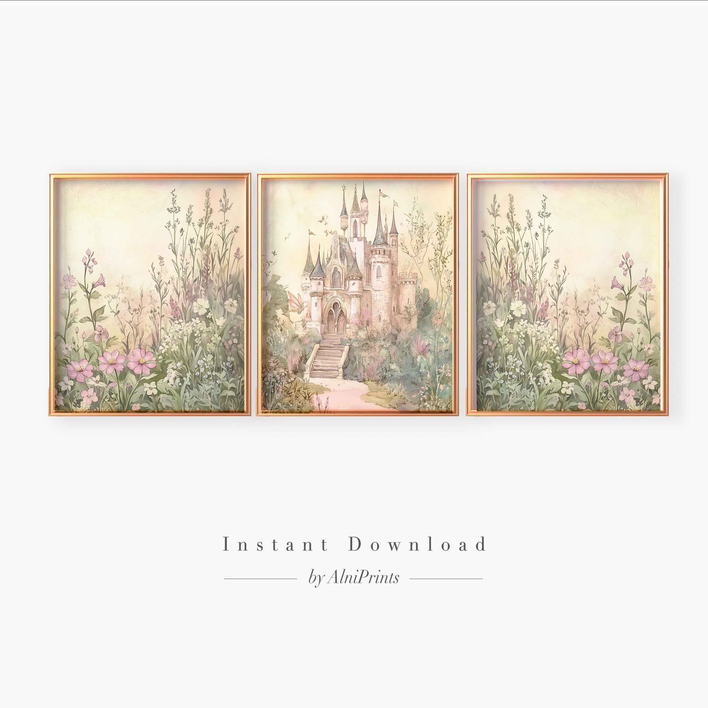 Castle nursery art Print, Vintage Enchanting wildflowers nursery decor, Magic Baby Girl artwork, Gallery wall art, Set of 3 printable