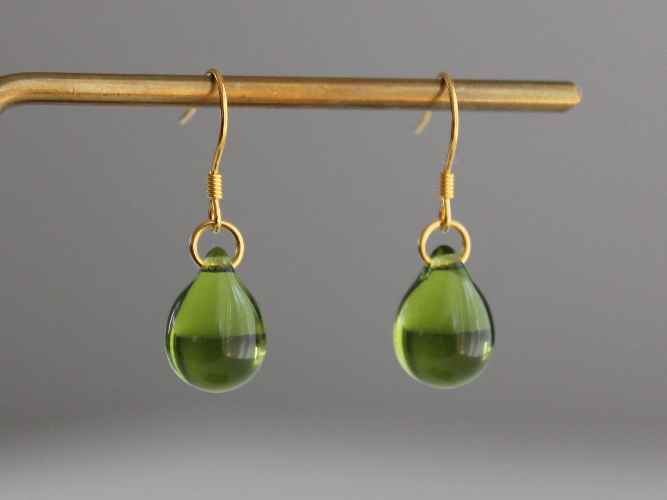 Peridot green Glass teardrop earrings with gold plated over silver ear wires Minimal Essential earrings Gift