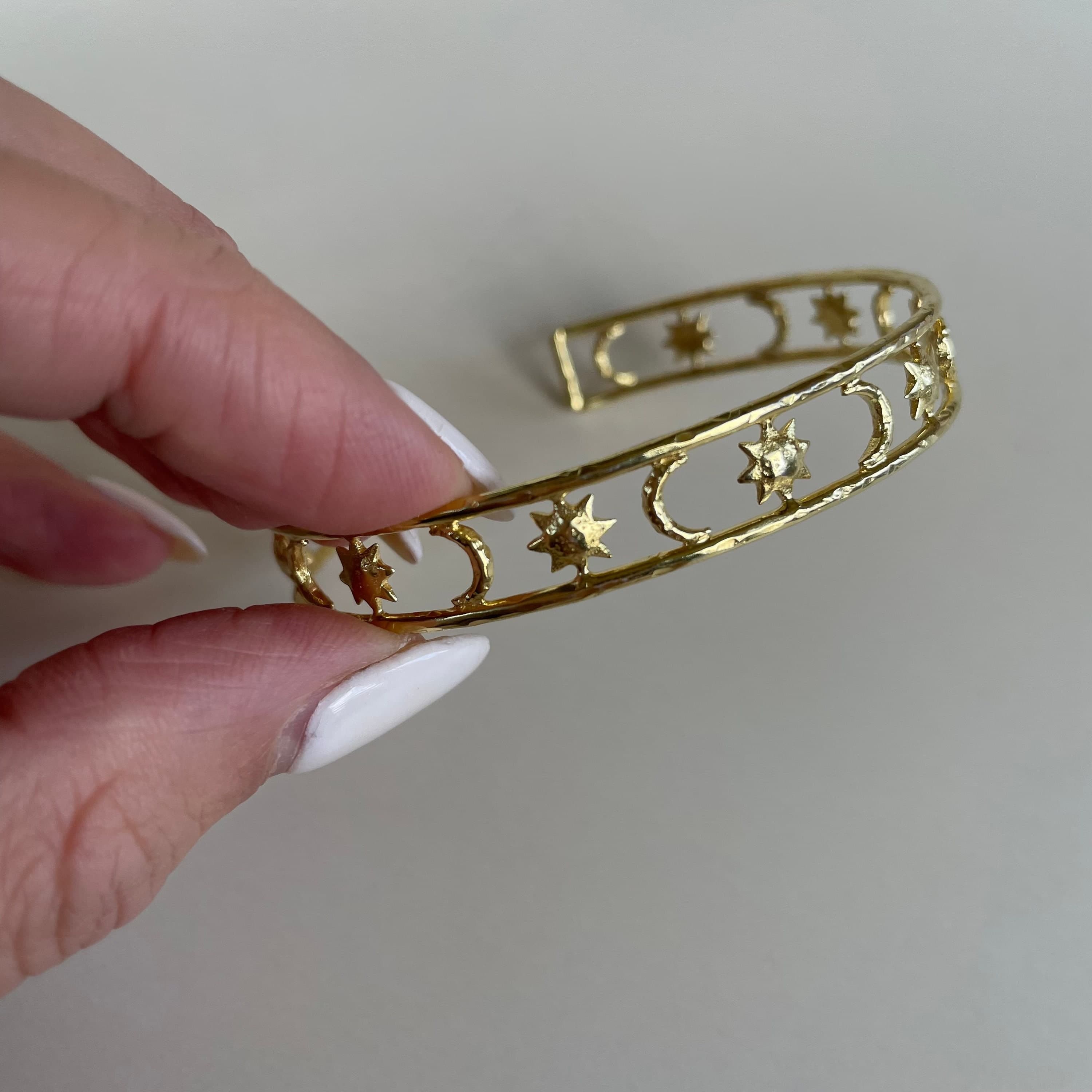 Cosmic Lover 14K Gold Bangle, Womens Gold Bangle with Moon and Suns, Gold Boho Bracelet, Gold Celestial Jewelry, Gold Adjustable Bangle Cuff