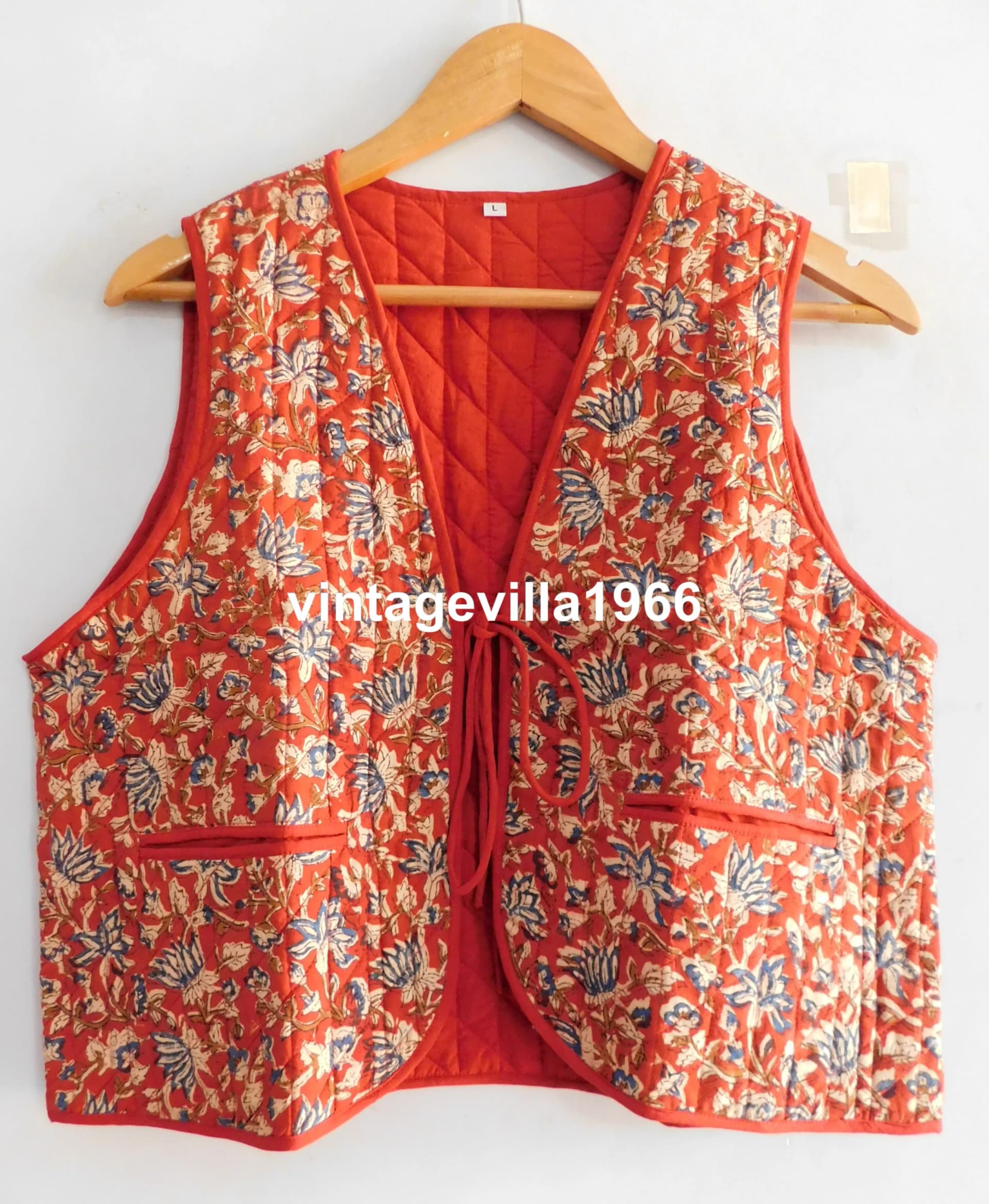 Bagru print vest, cotton block print vest, designer, cotton block print quilted vest coat, short vest jackets for women - Image 1