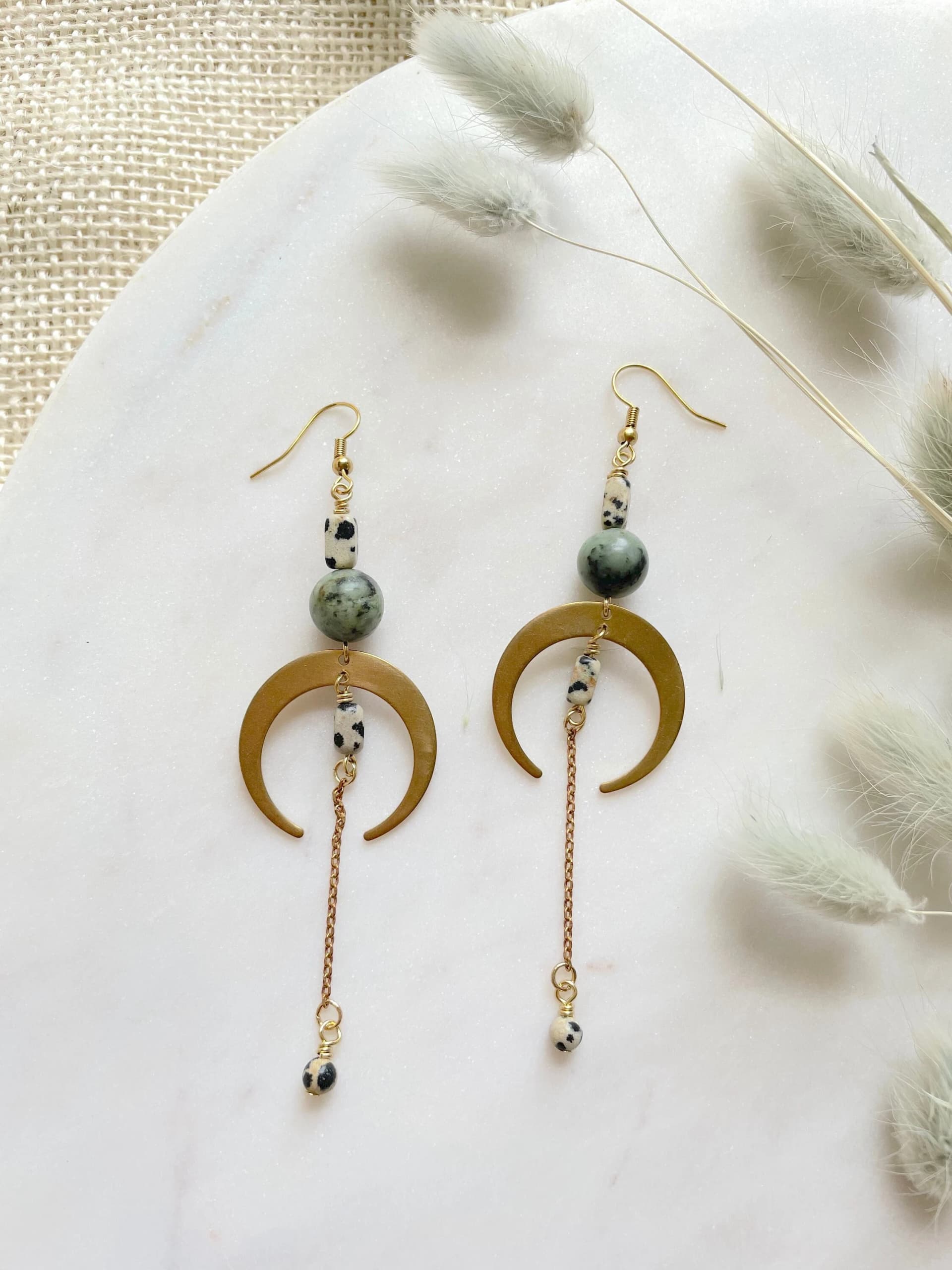 Long Brass Crescent Moon Earrings: Turquoise & Dalmatian Jasper Boho Jewelry - Image 1