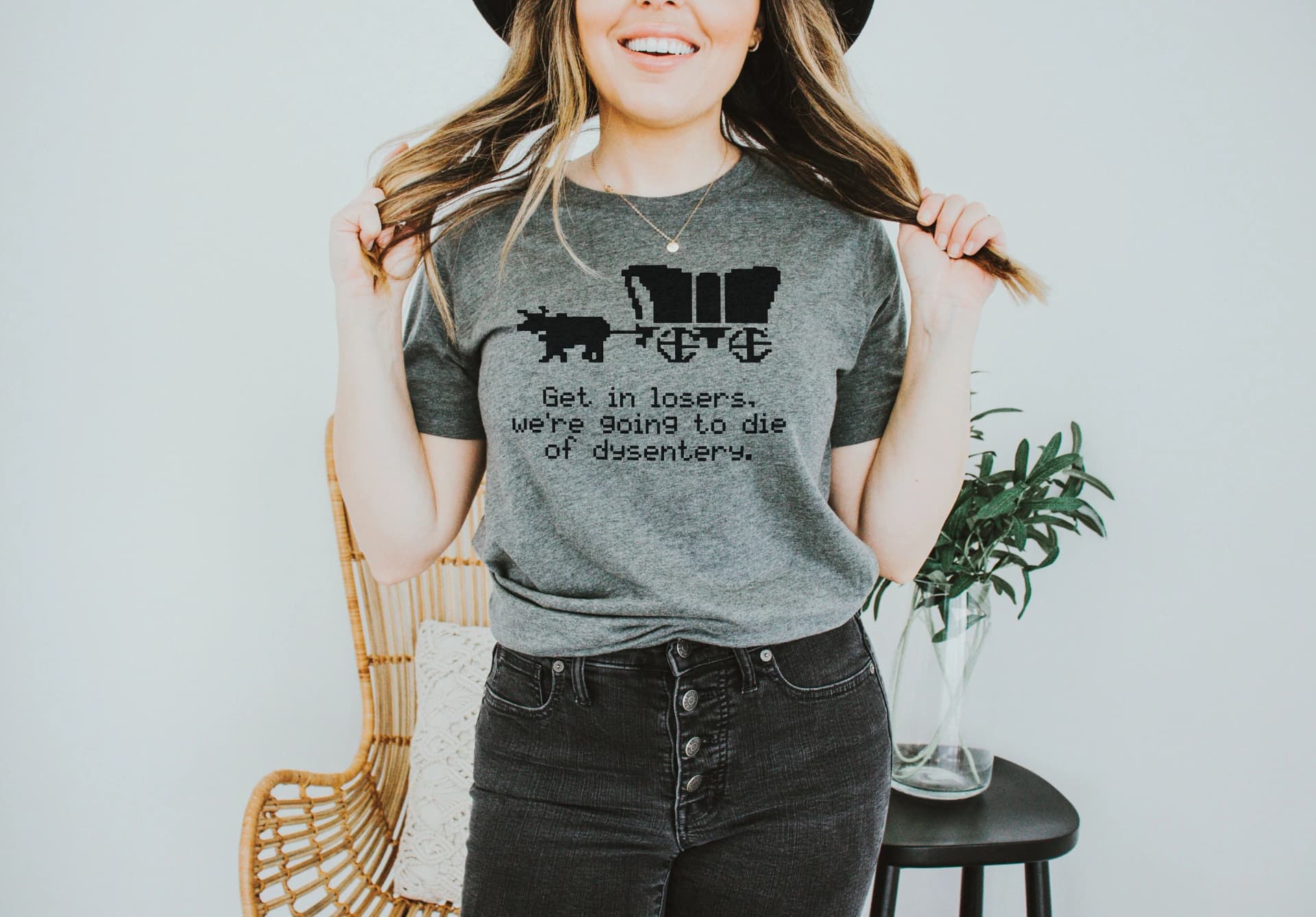 Oregon Trail Teacher T-Shirt / Funny History Teacher Shirt / Social Studies Teacher Shirt / Get In Losers, We're Going to Die of Dysentery - Image 1