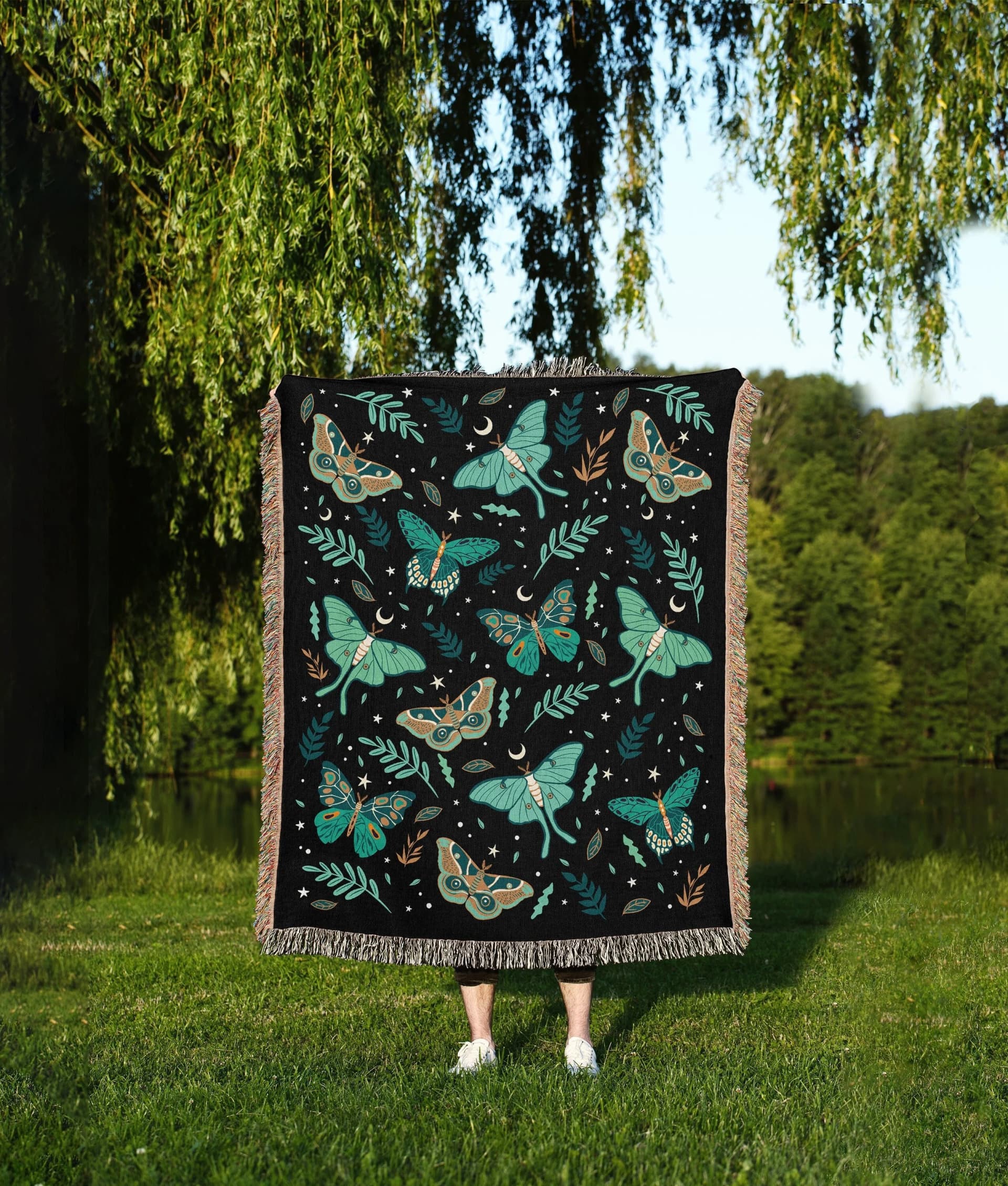 Luna Moths Blanket | 100% Cotton | Jacquard Blanket with Fringed Edge | Woven in the USA | 60 x 80 in | Queen Size Bed - Image 1
