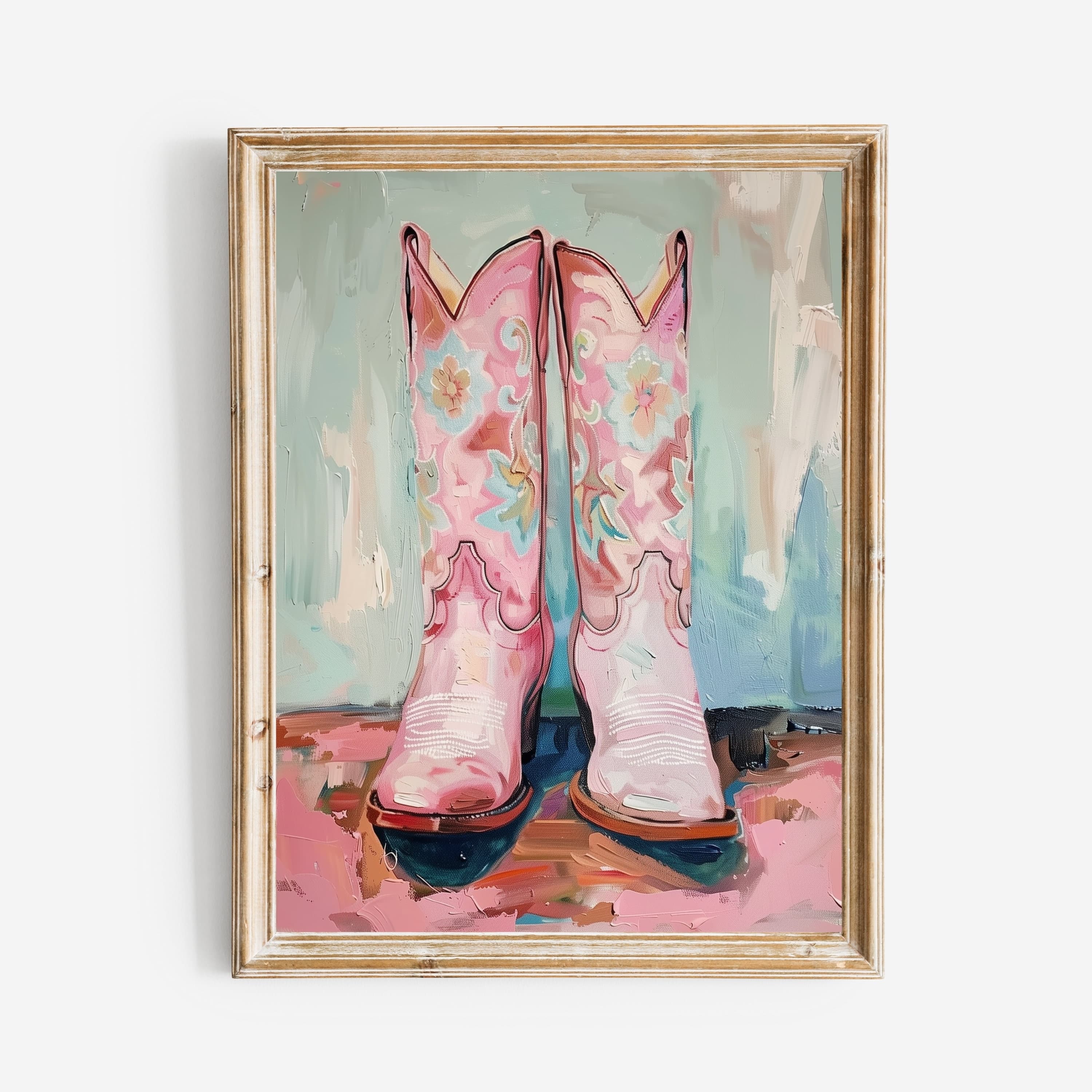 Coastal Cowgirl Boots Painting Print, Dorm Room Wall Art, Vintage Style Pink Western Poster, Printable Boho Southern Girl Nursery Decor - Image 1