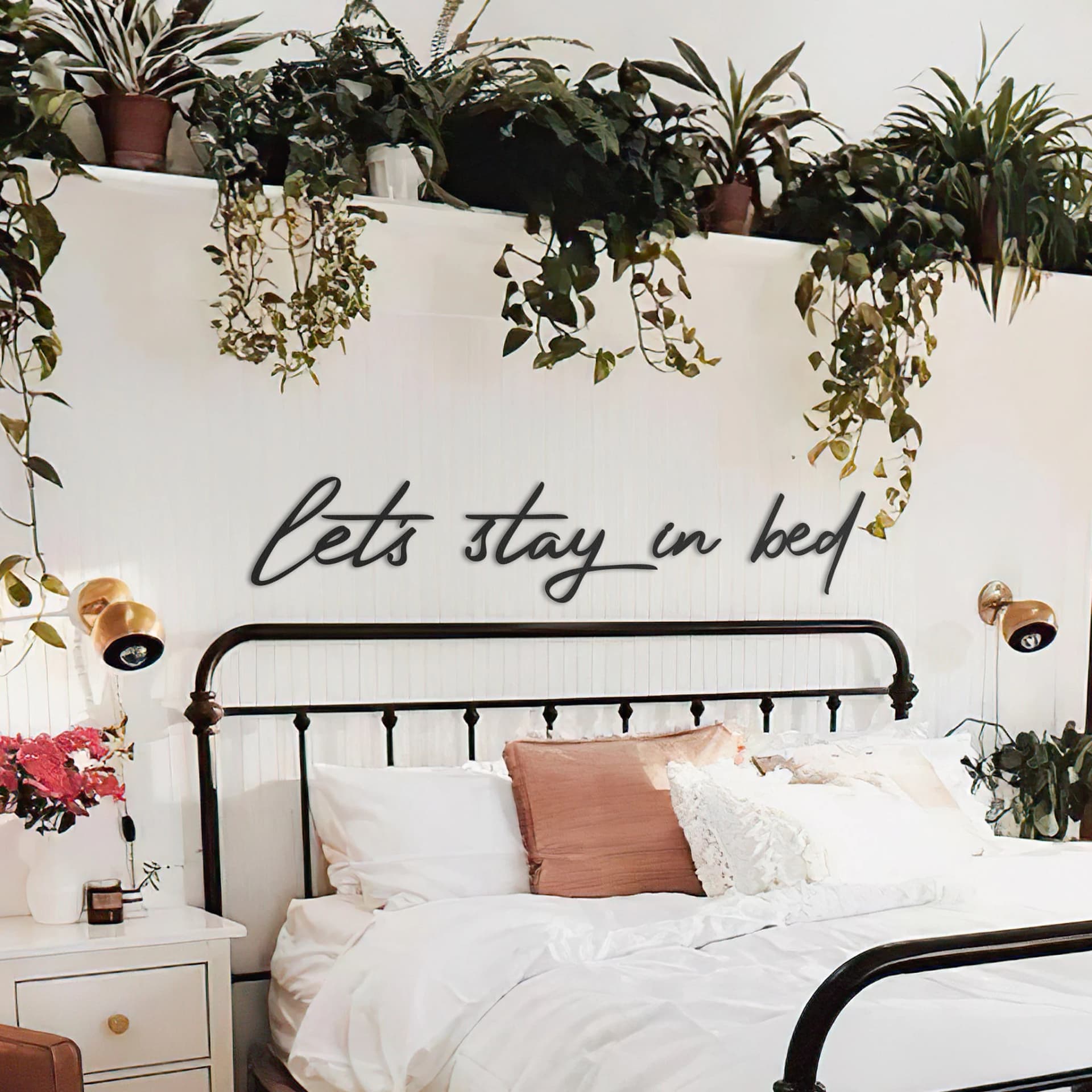 Let’s Stay in Bed Metal Wall Sign – Minimalist Bedroom Decor – Handmade Modern Wall Art - Image 1