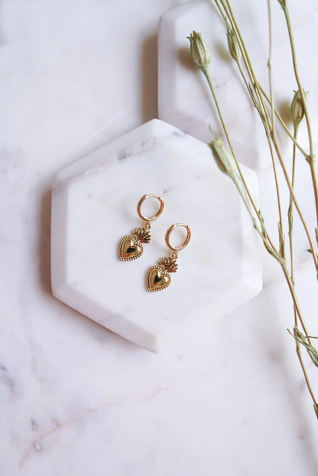 Sacred Heart Earrings, Flaming Heart Earrings, Religious Jewelry, Mexican Jewelry, Sacred Heart of Jesus, Gold Heart Earrings - Image 1