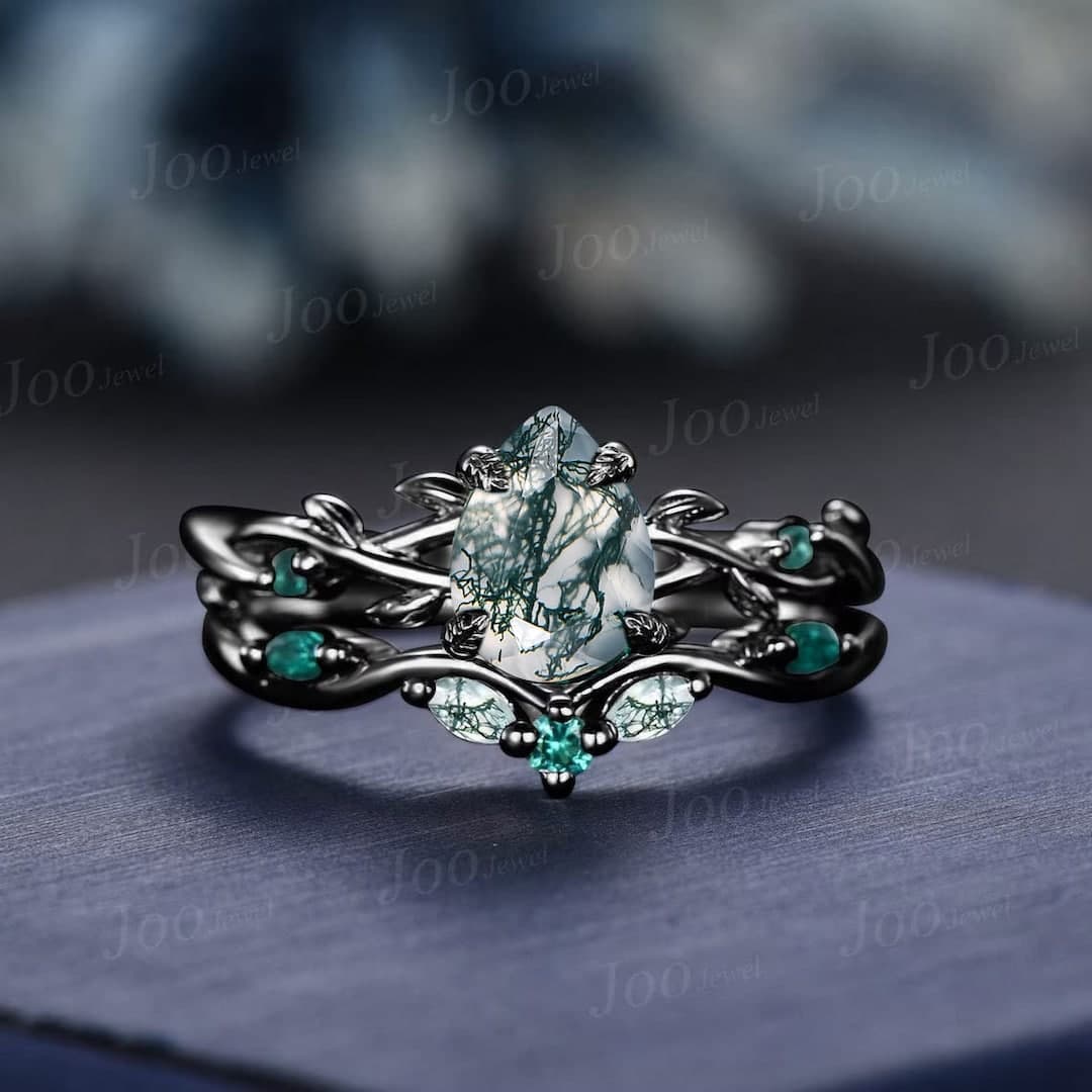 14K Black Gold Natural Green Moss Agate Emerald Engagement Ring Set 1.25ct Twig Vine Pear Moss Agate Wedding Ring Goth Black Promise Rings - Etsy