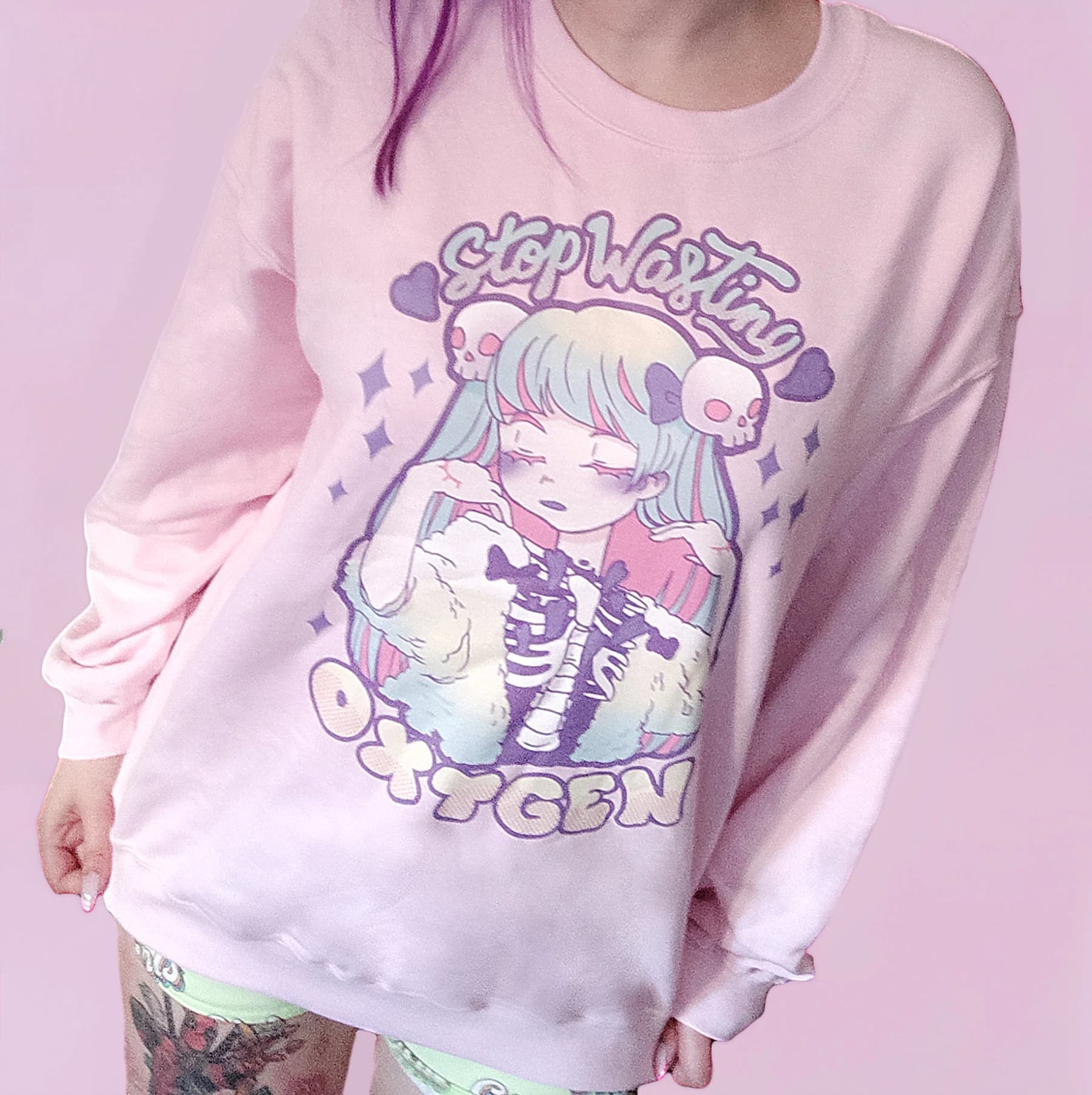 Pastel Menhera Sweatshirt – Edgy Aesthetic Pullover with Open Rib Cage Design & ‘Stop Wasting Oxygen’ Slogan - Image 1