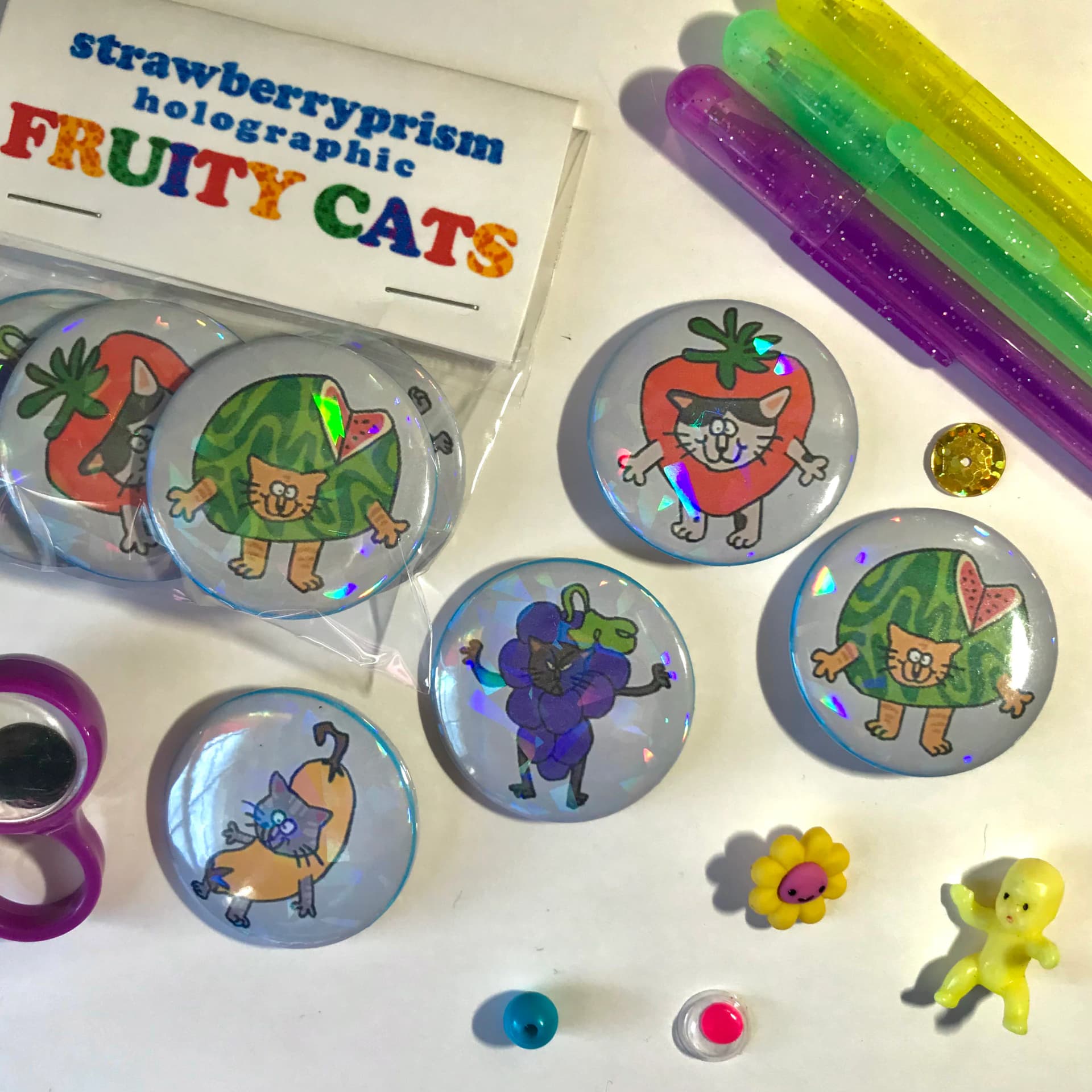 4 pack Holographic Fruity Cats Button pins ( 37 mm ) - Image 1