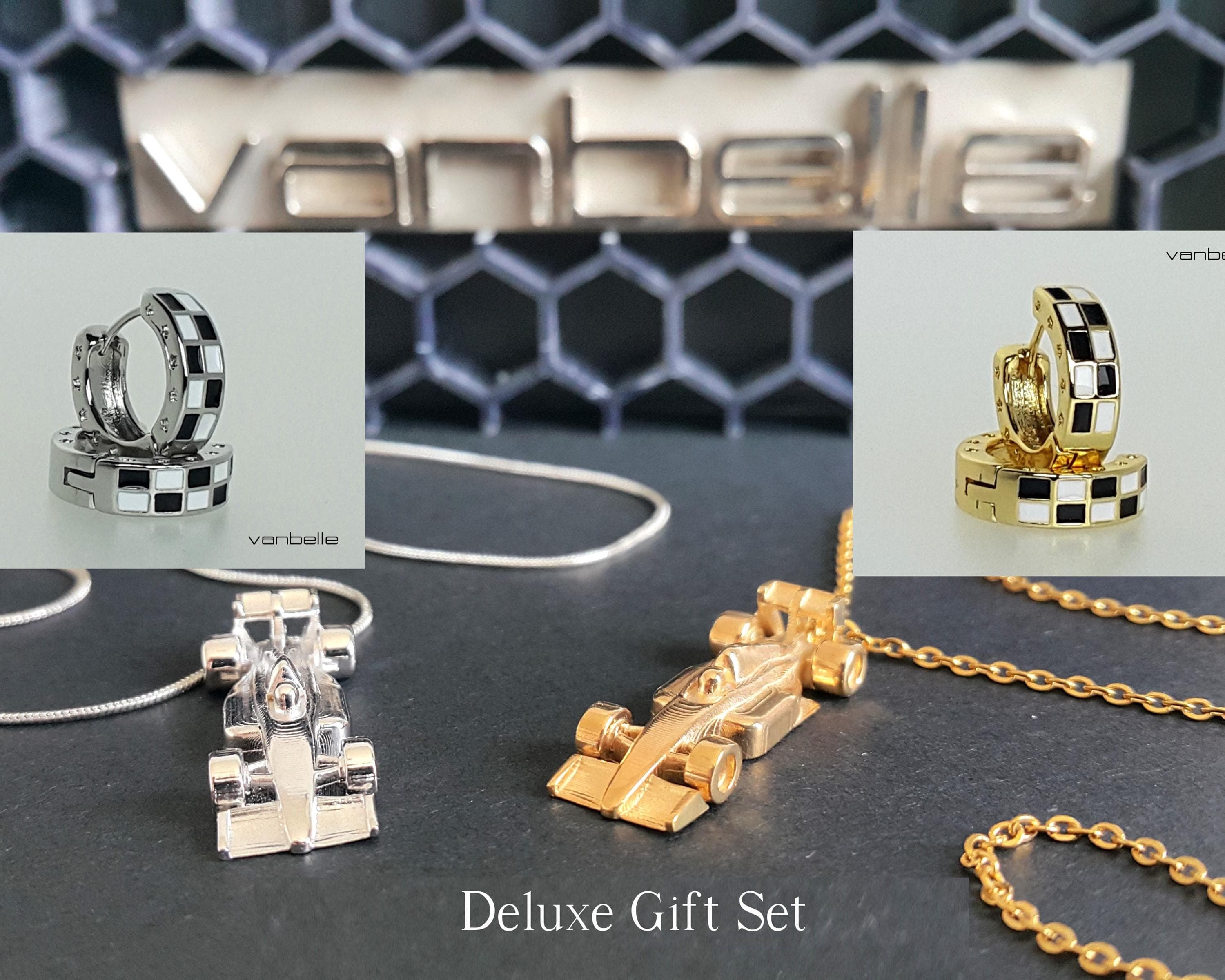 F1 micro car pendant With Checkered flag earrings